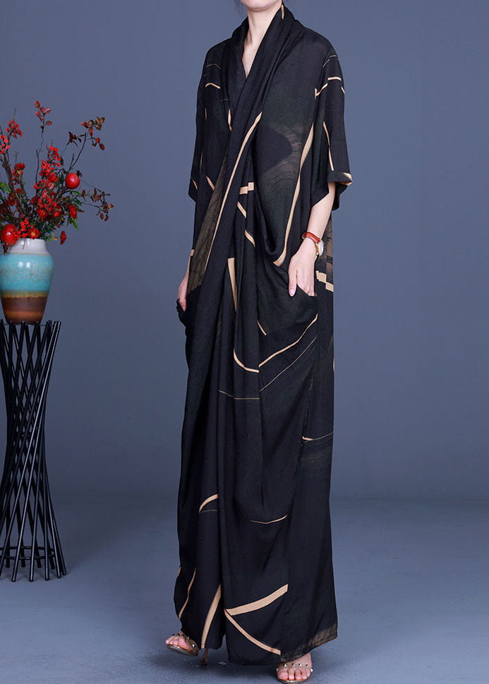 Geometric Print Deep V-Neck Scarf Collar Short Sleeve Maxi Dress - View 2