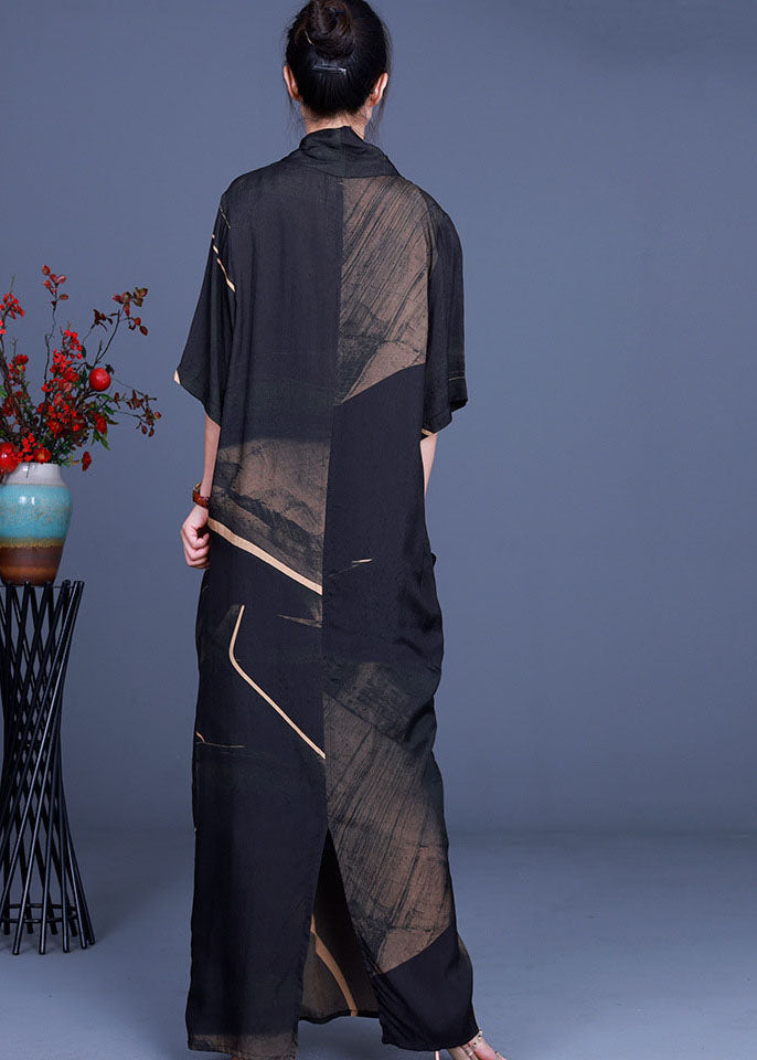 Geometric Print Deep V-Neck Scarf Collar Short Sleeve Maxi Dress - View 4