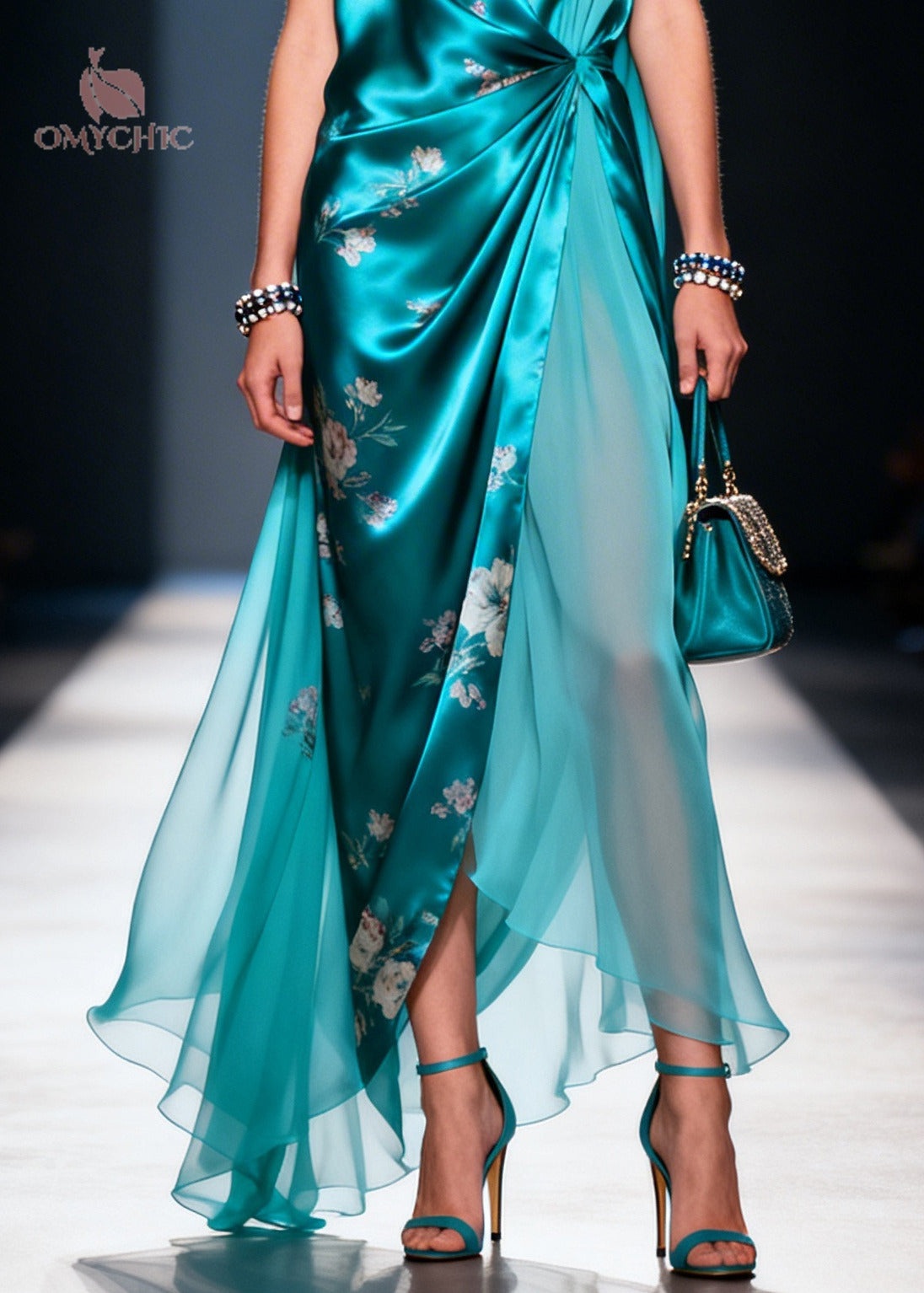 Satin Floral Print Deep V-Neck Wrap High Split Chiffon Layer Maxi Gown - View 4