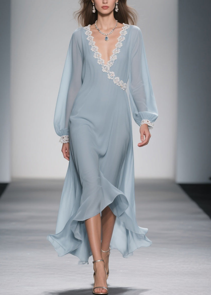 Chiffon Wrap Lace Trim V-Neck Bishop Sleeve Ruffle High Low Midi Dress