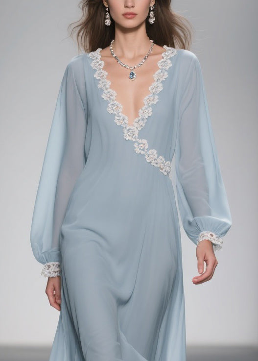 Chiffon Wrap Lace Trim V-Neck Bishop Sleeve Ruffle High Low Midi Dress - View 2