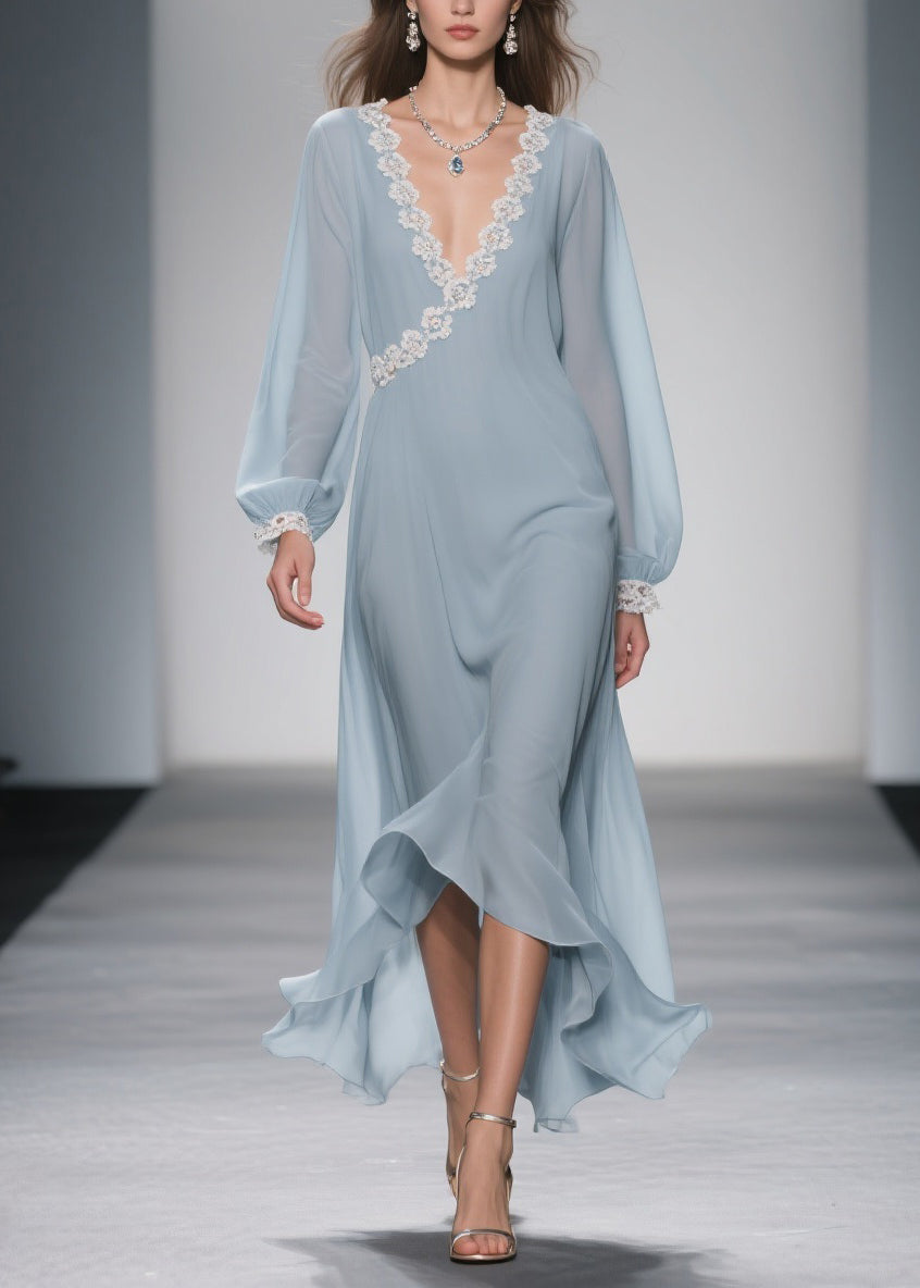 Chiffon Wrap Lace Trim V-Neck Bishop Sleeve Ruffle High Low Midi Dress - View 3