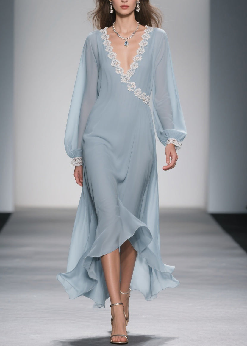 Chiffon Wrap Lace Trim V-Neck Bishop Sleeve Ruffle High Low Midi Dress - View 5
