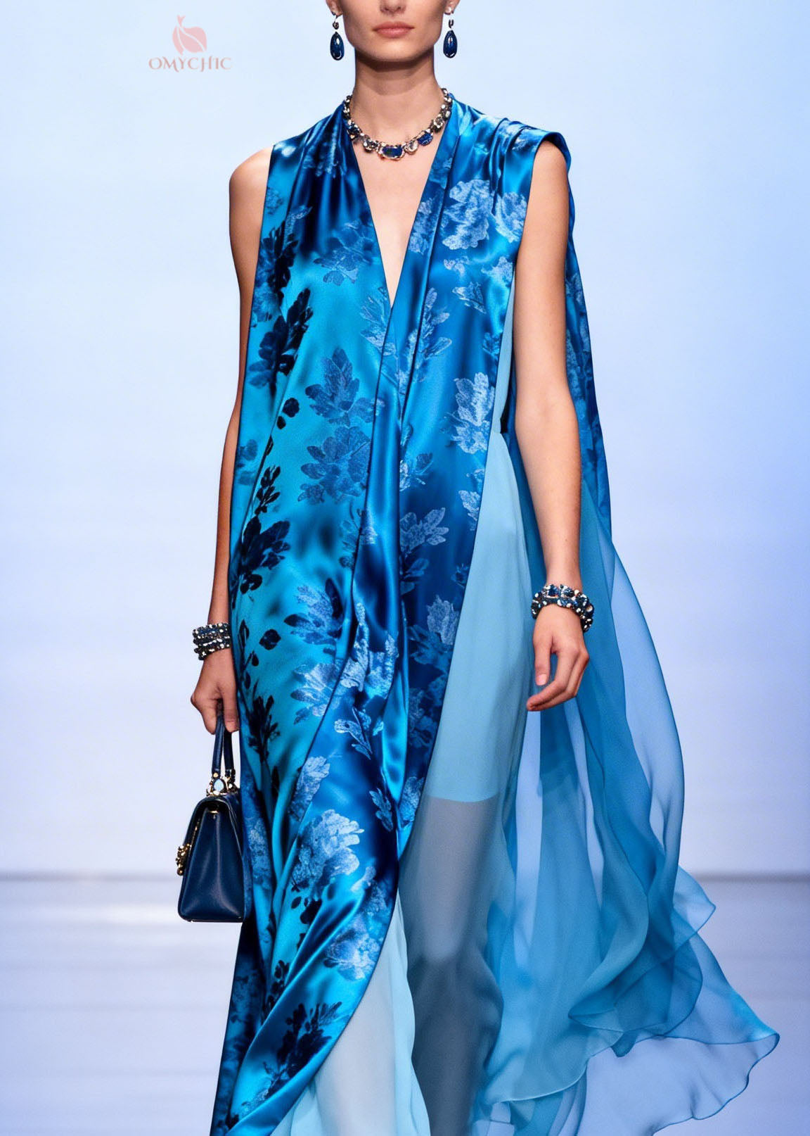 Chiffon Floral Print Sleeveless Deep V-Neck Sheer Cape Maxi Gown - View 2