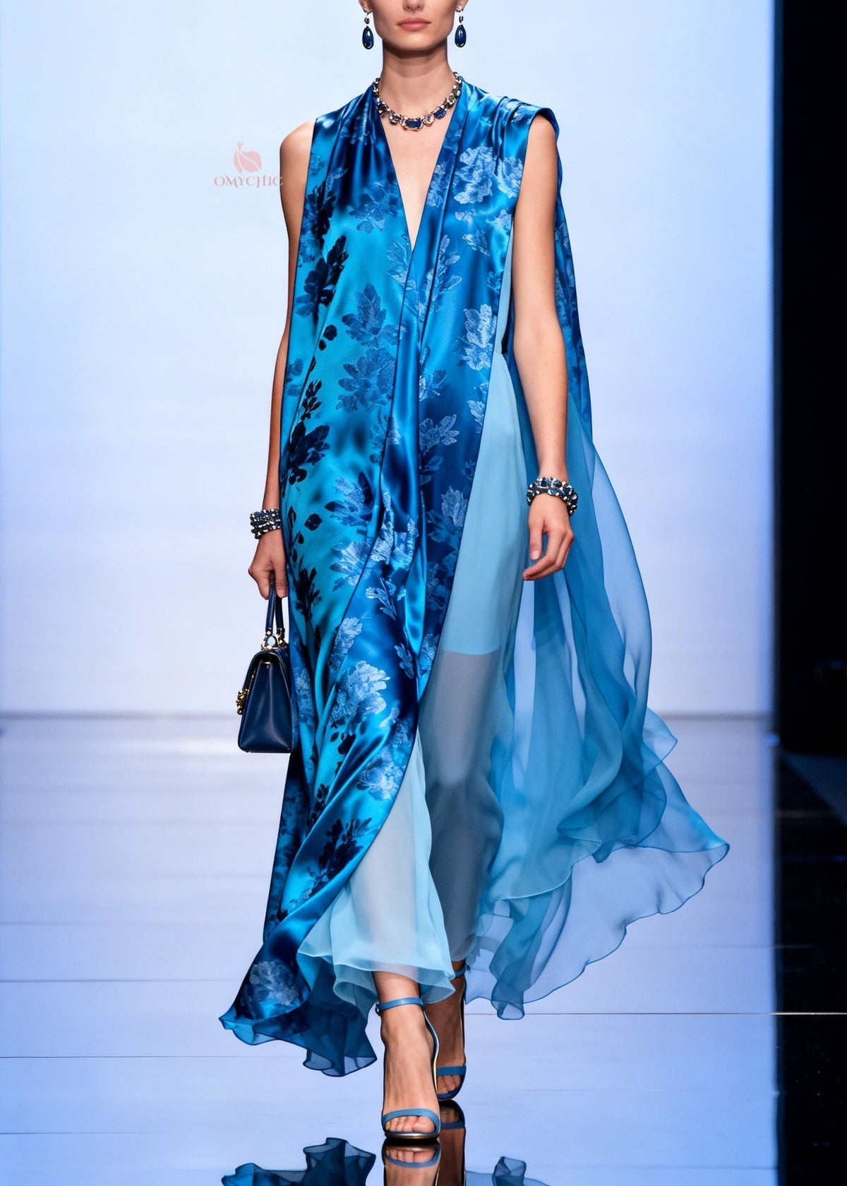Chiffon Floral Print Sleeveless Deep V-Neck Sheer Cape Maxi Gown - View 5