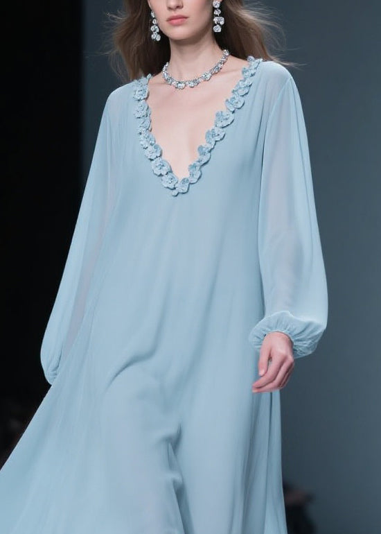 Chiffon Rosette Applique Deep V-Neck Bishop Sleeve Midi Dress - View 2