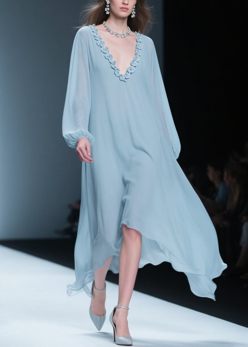 Chiffon Rosette Applique Deep V-Neck Bishop Sleeve Midi Dress - View 3