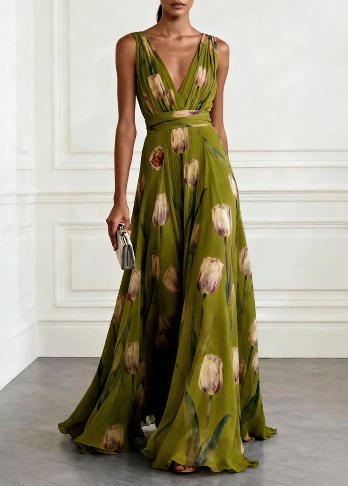 Floral Print Deep V-Neck Wide Strap Wrap Waist A-Line Maxi Gown - View 2