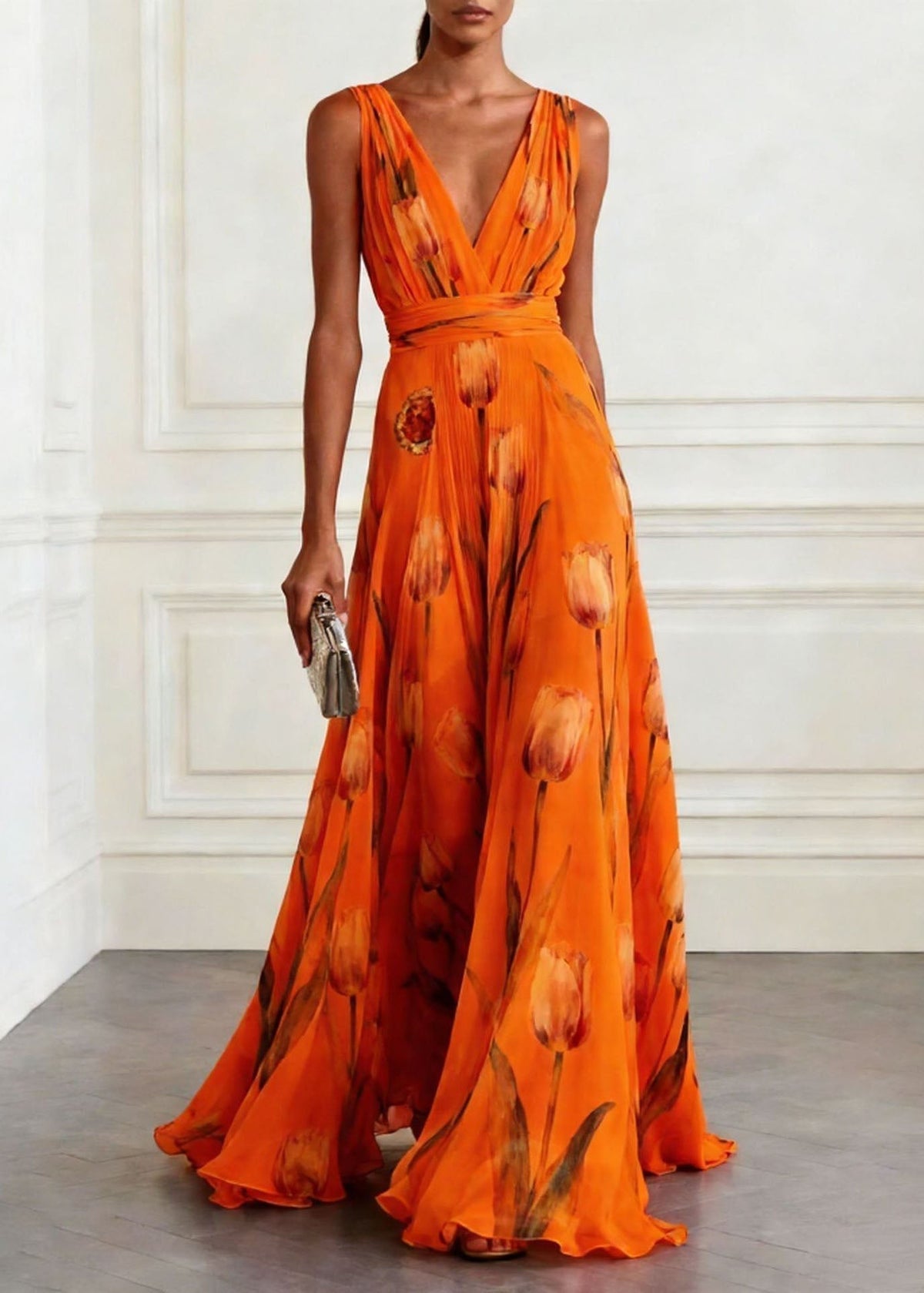 Floral Print Deep V-Neck Wide Strap Wrap Waist A-Line Maxi Gown - View 3
