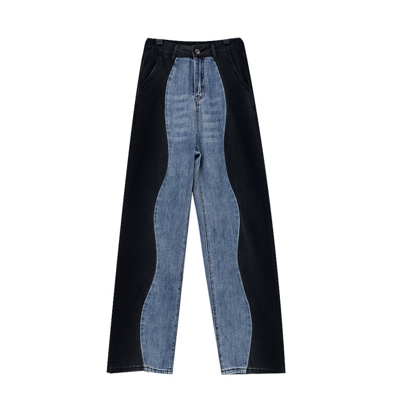 Vintage Washed Patchwork Wide-Leg Denim Jeans