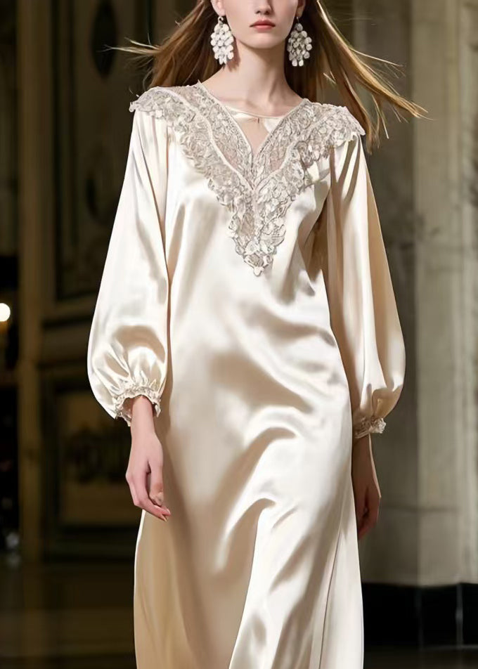 Satin Lace Collar Embroidered Bishop Sleeve Flowy Maxi Gown - View 2