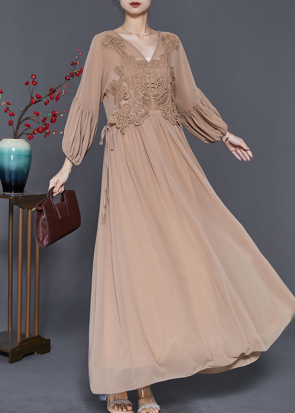 Lace Applique Bodice Drawstring Waist Balloon Sleeve Pleated Maxi Gown - View 3