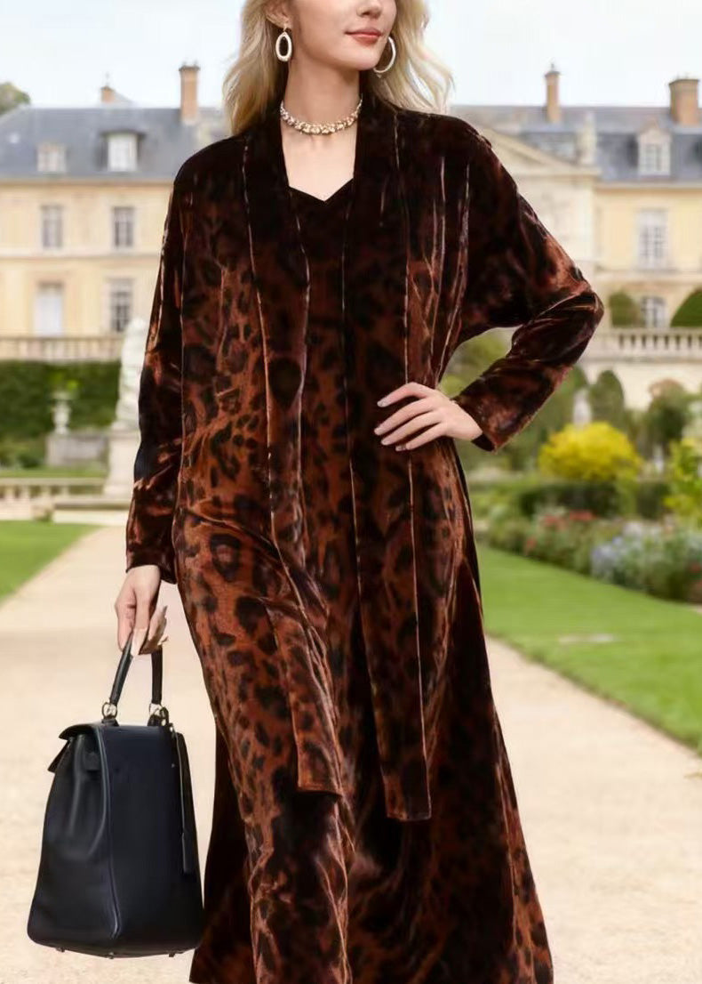 Leopard Print Velvet V-Neck Midi Open Front Long Sleeve Robe Set - View 2