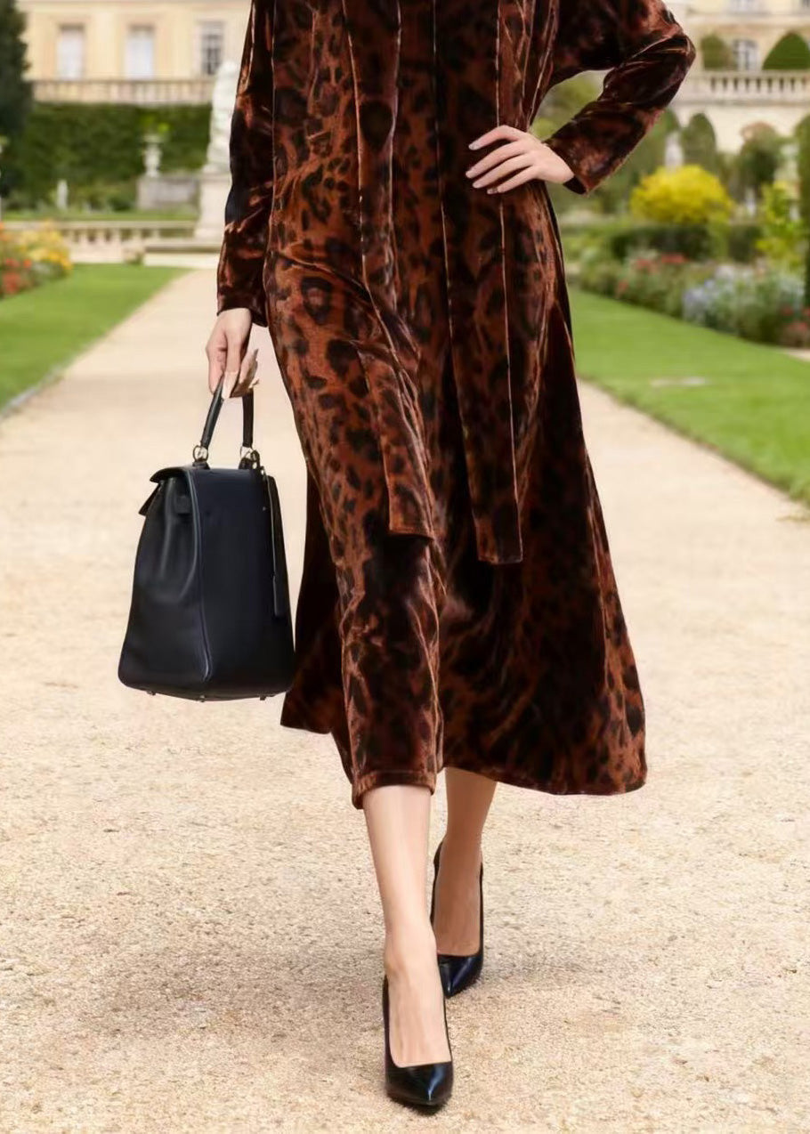 Leopard Print Velvet V-Neck Midi Open Front Long Sleeve Robe Set - View 4