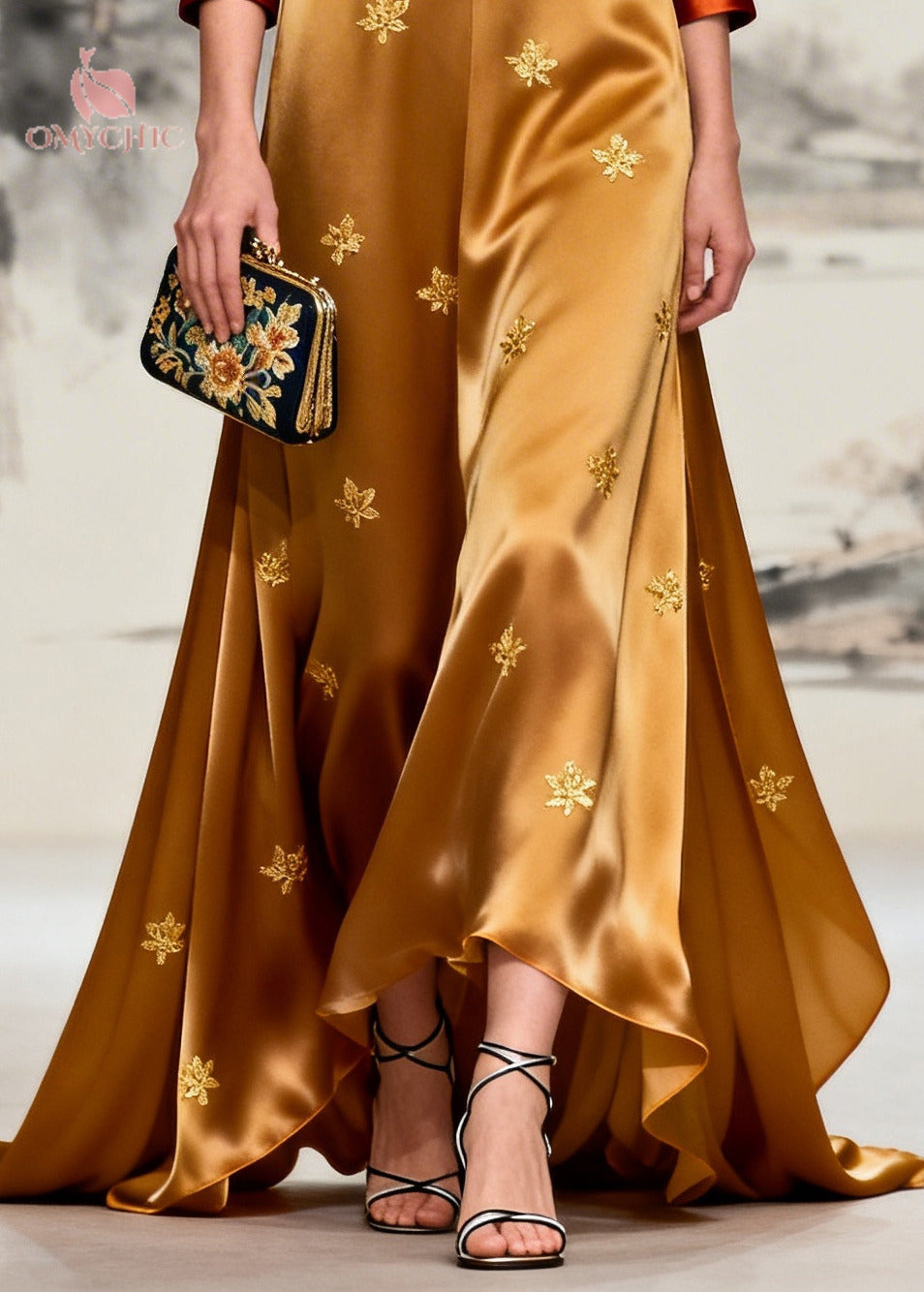Women Coffee V Neck Patchwork Print Silk Maxi Dresses Long Sleeve - View 4