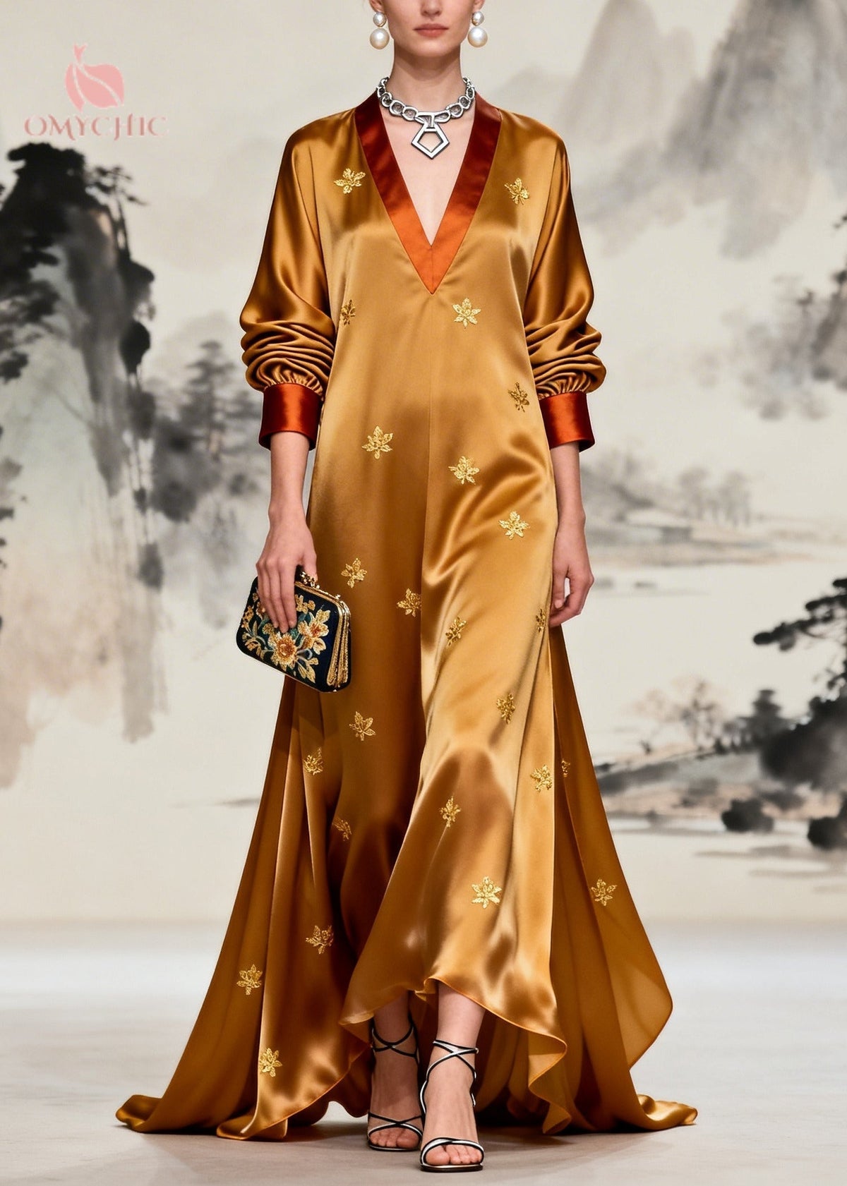 Women Coffee V Neck Patchwork Print Silk Maxi Dresses Long Sleeve - View 5