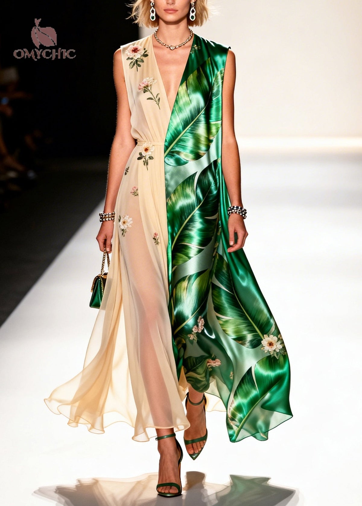 Palm Leaf Print Deep V-Neck Split Front Sheer Maxi Party Dress - View 3
