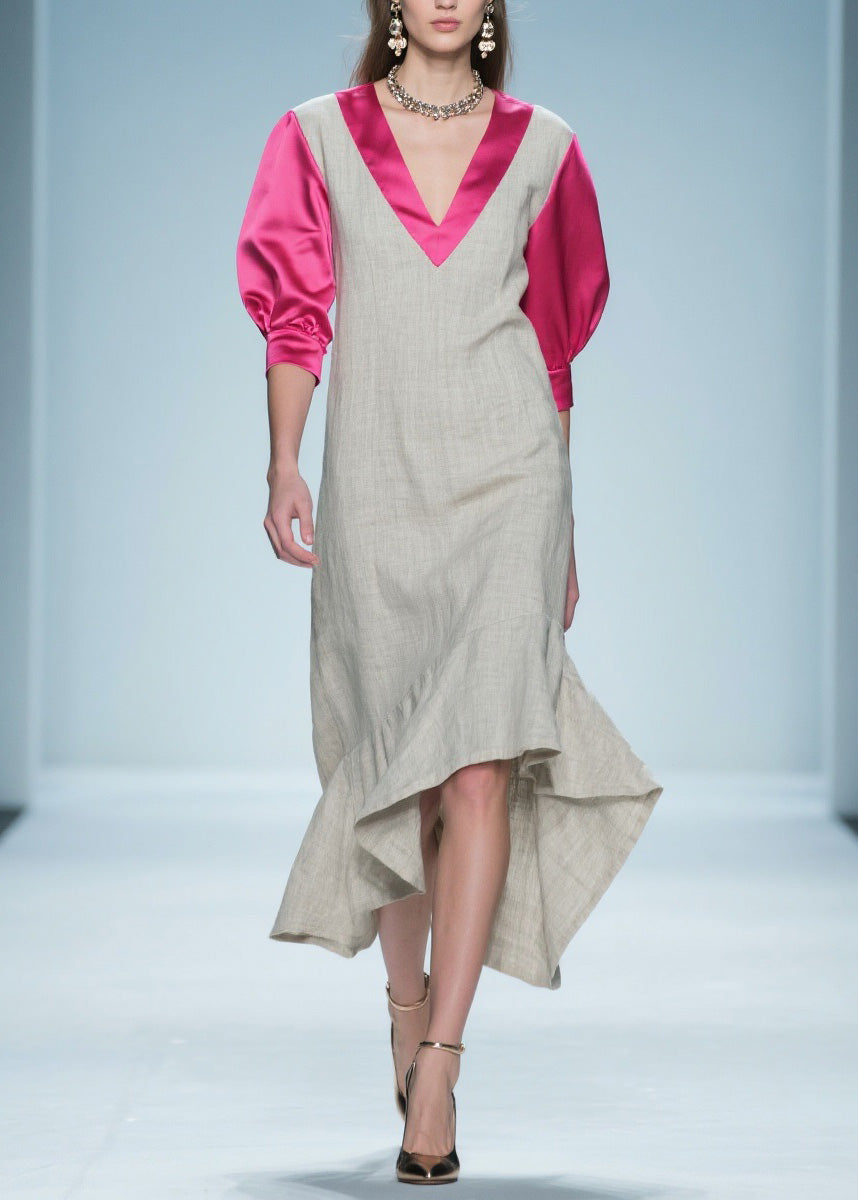 Deep V-Neck Puff Sleeve Satin Trim Layered Tiered Midi Dress - View 5
