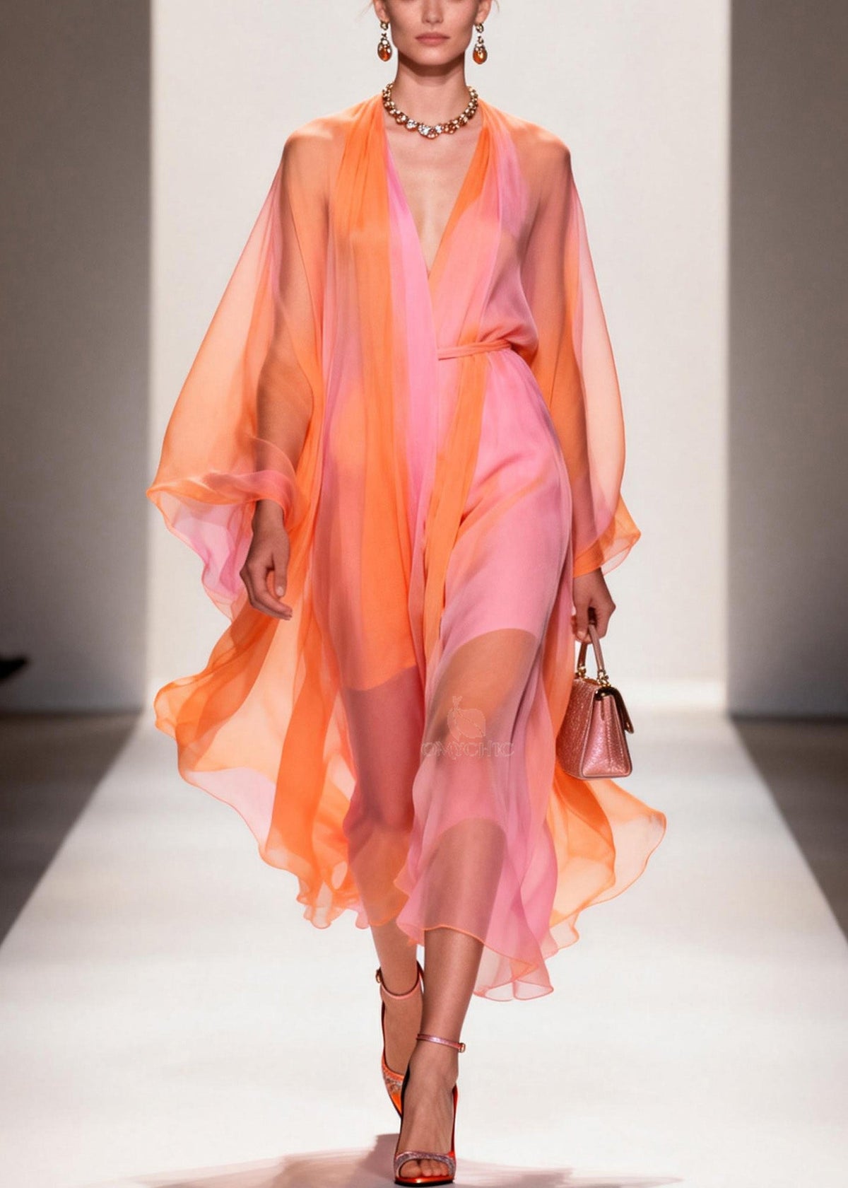 Deep V-Neck Batwing Sleeve Belted Colorblock Chiffon Midi Dress - View 5