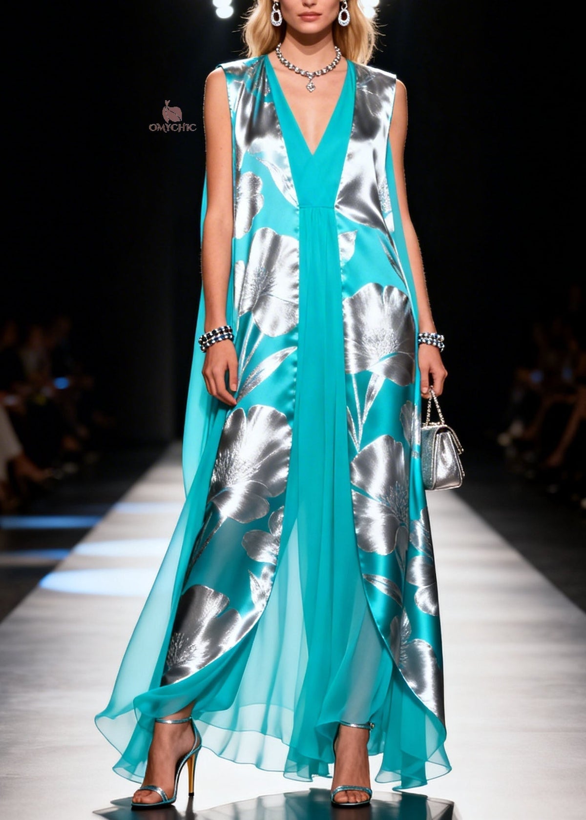 Floral Print Sleeveless Deep V-Neck Split Front Sheer Cape Maxi Gown - View 5