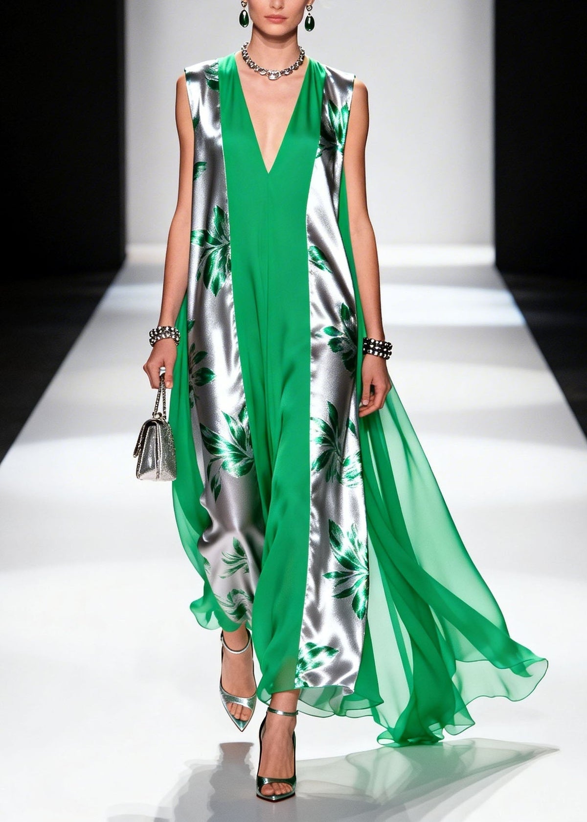 Leaf Print Sleeveless Deep V-Neck Panel Sheer Cape Maxi Gown - View 3