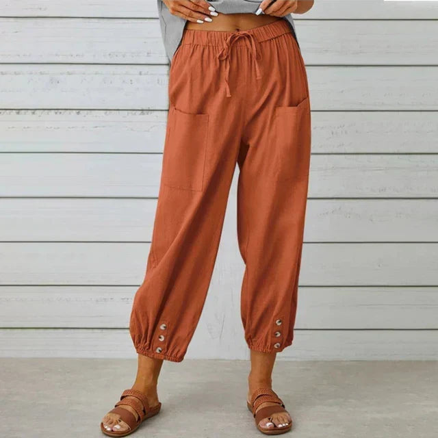 High Waist Drawstring Button Hem Cropped Pants 9