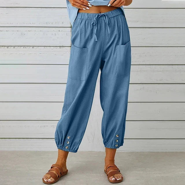 High Waist Drawstring Button Hem Cropped Pants 3