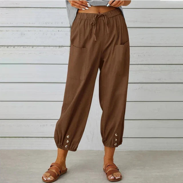 High Waist Drawstring Button Hem Cropped Pants 10
