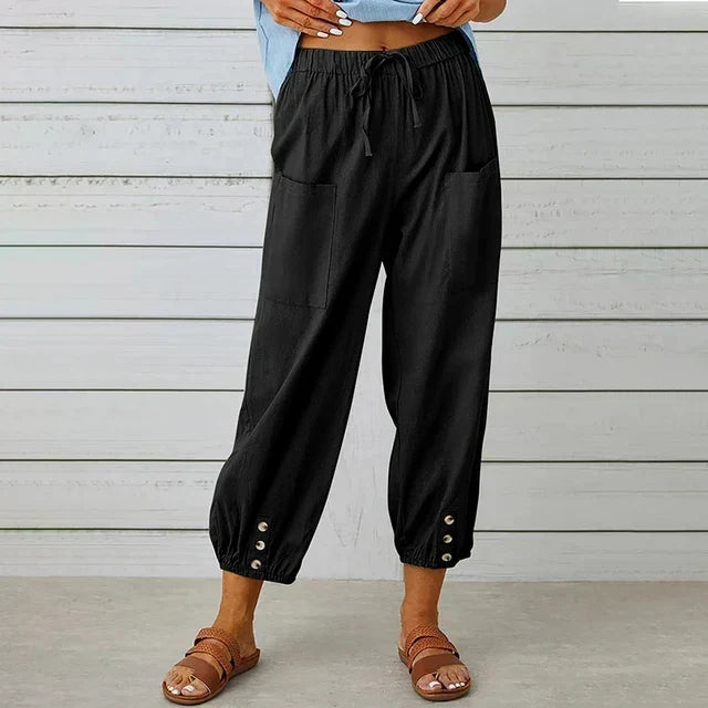 High Waist Drawstring Button Hem Cropped Pants 2