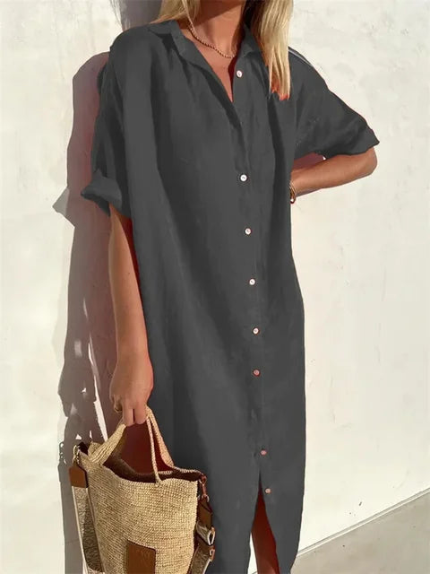 Collared Short Sleeve Button Front Oversized Relaxed Midi Dress - View 5