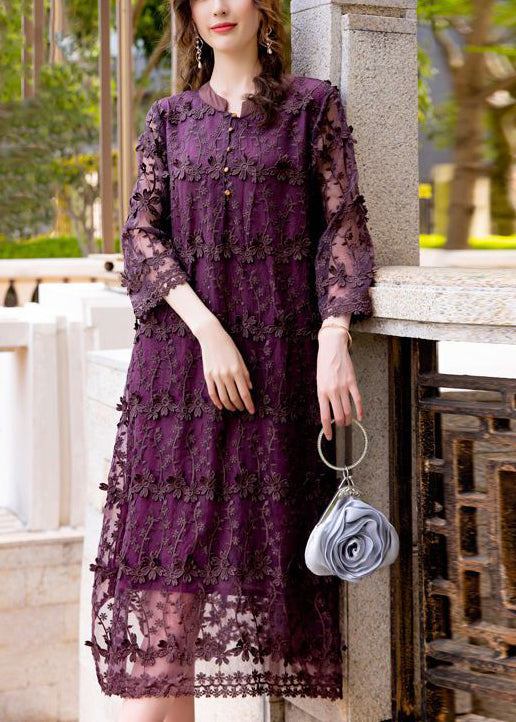 3D Floral Appliqué Embroidered Lace Mandarin Collar Midi Dress - View 4