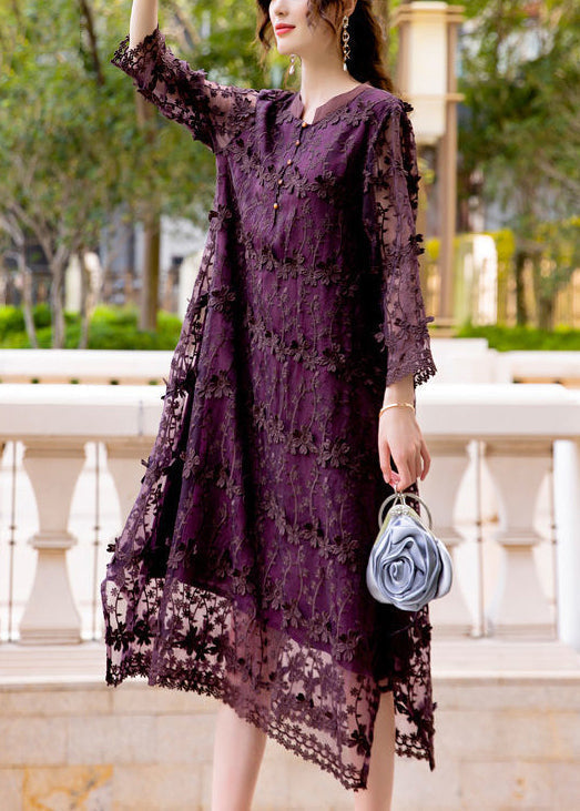 3D Floral Appliqué Embroidered Lace Mandarin Collar Midi Dress - View 5