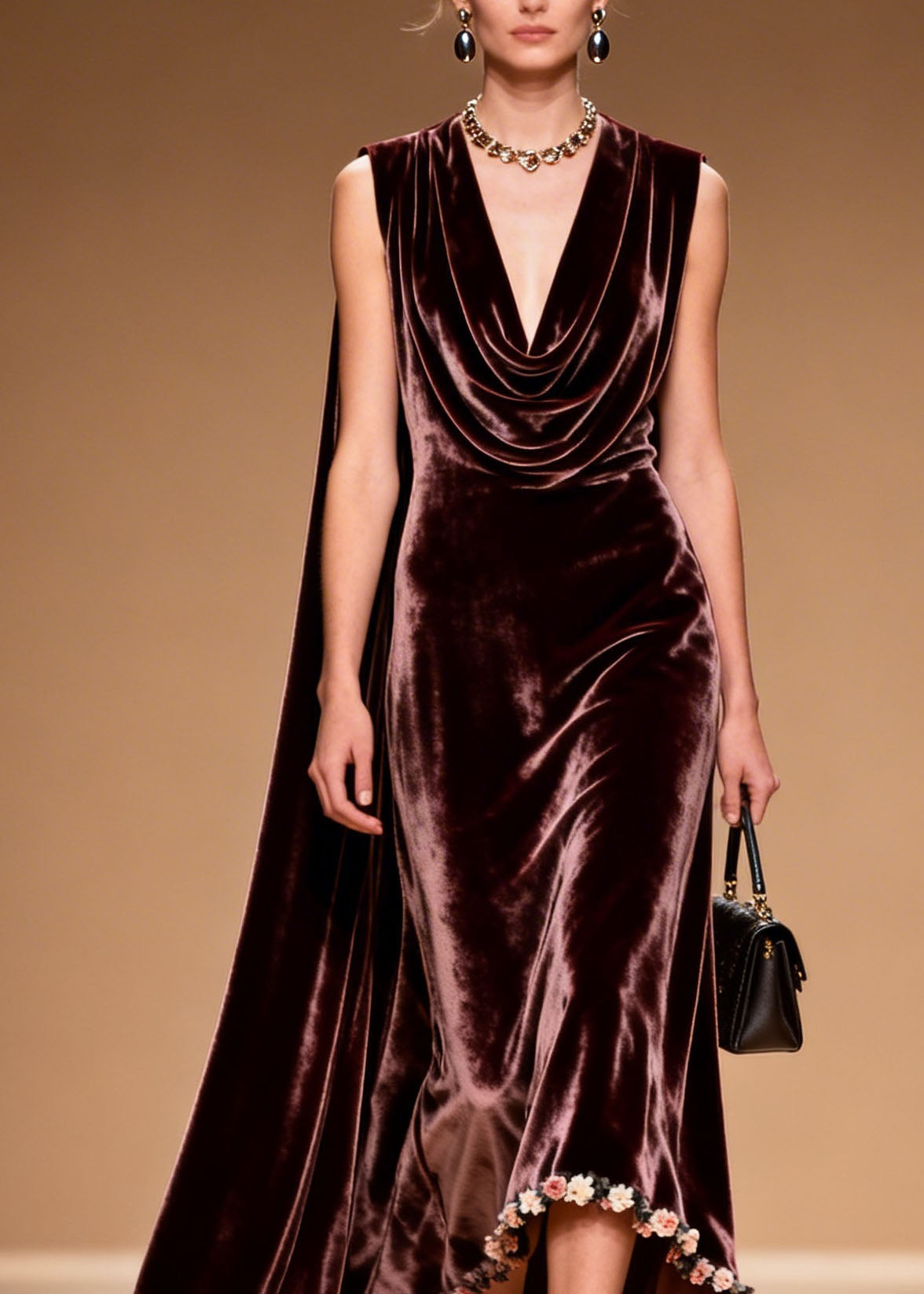 Velvet Cowl Neck Sleeveless High Low 3D Floral Applique Gown - View 2