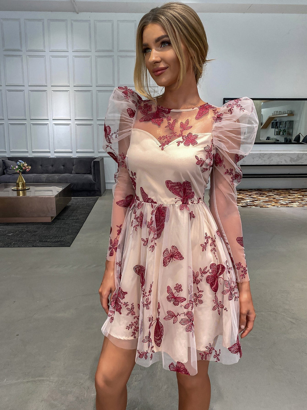 Mesh Grid Overlay Puff Sleeve Sweetheart Fit and Flare Mini Dress - View 9