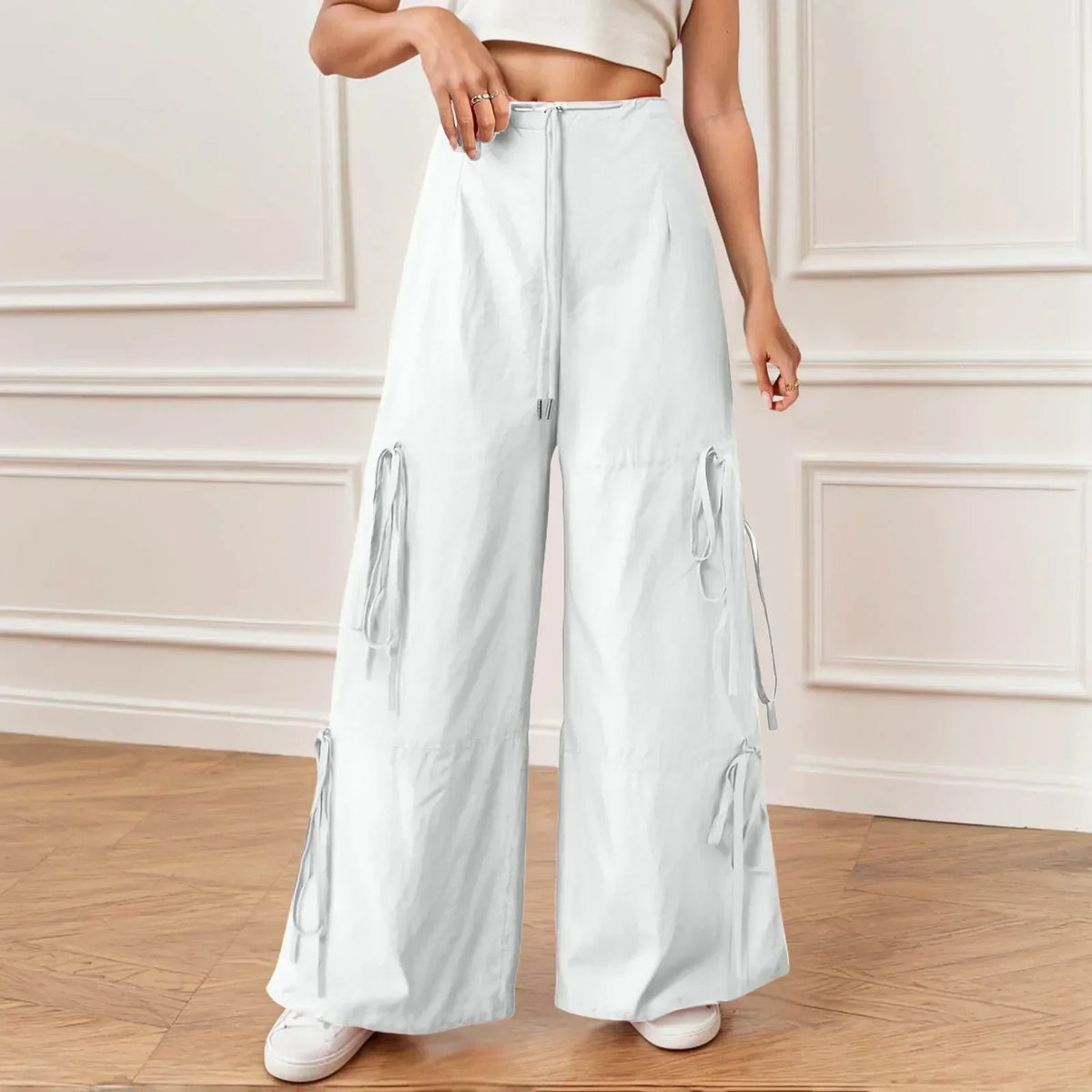 Pleated Wide Leg Sports Bow Tie Pants White / S