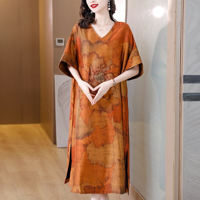 Floral Print V-Neck Batwing Sleeve High Split Kaftan Midi Dress - View 3