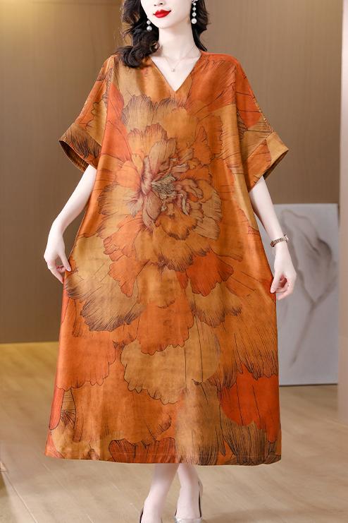 Floral Print V-Neck Batwing Sleeve High Split Kaftan Midi Dress - View 6