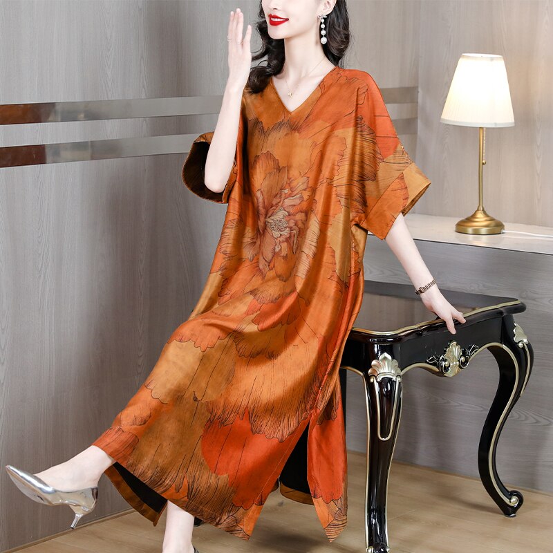 Floral Print V-Neck Batwing Sleeve High Split Kaftan Midi Dress - View 2