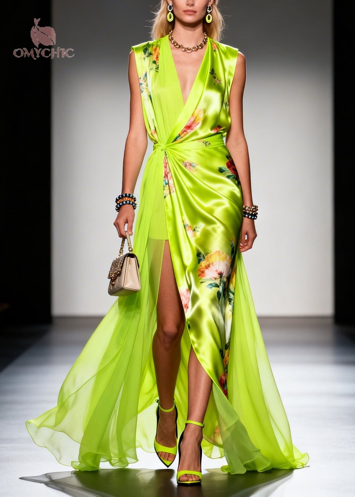 Floral Print Spaghetti Strap Deep V-Neck Wrap Maxi Gown - View 3