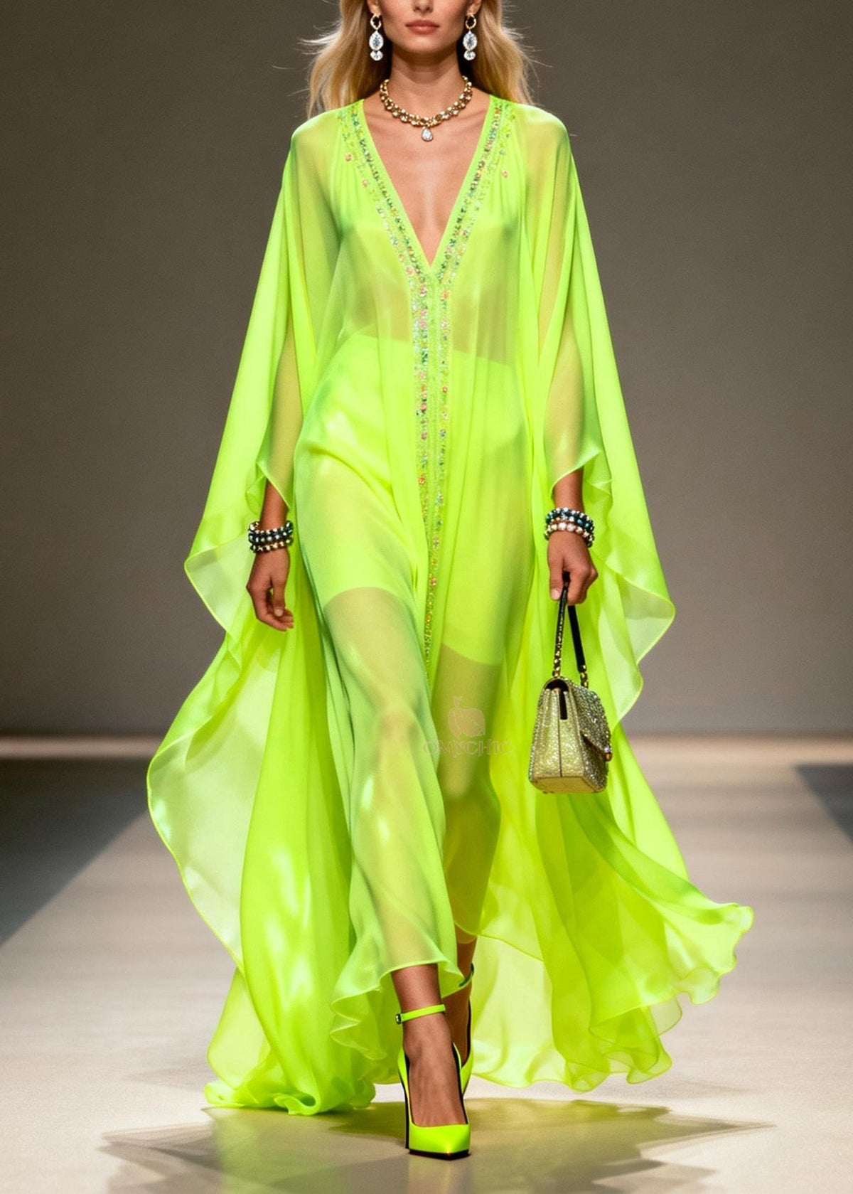 Sequin Center Panel Deep V-Neck Cape Sleeve Sheer Kaftan Maxi Gown - View 3