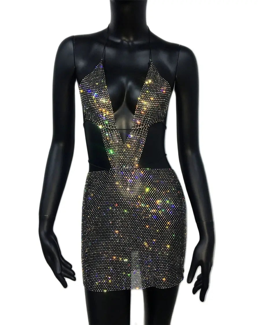 Mesh Halter Neck Cut Out Backless Bodycon Mini Dress - View 4