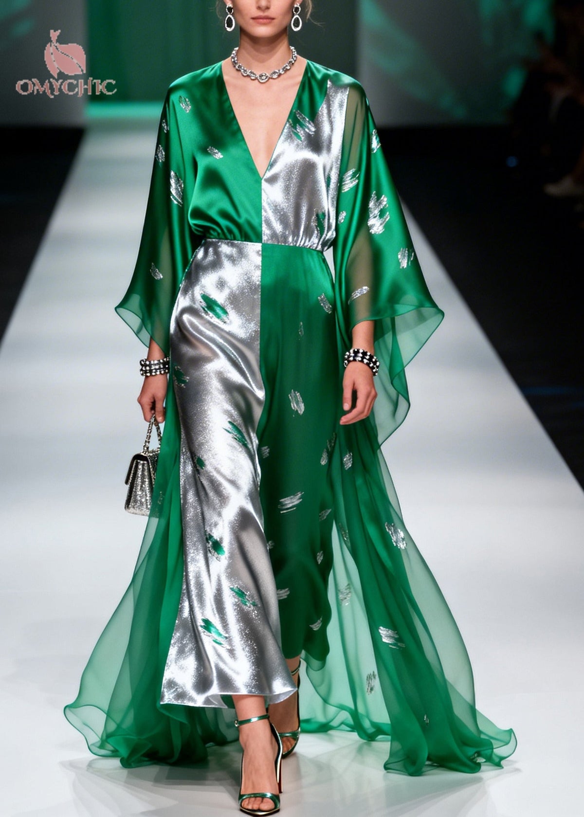 Color Block Leaf Print Deep V-Neck Sheer Cape Sleeve Satin Maxi Gown - View 3