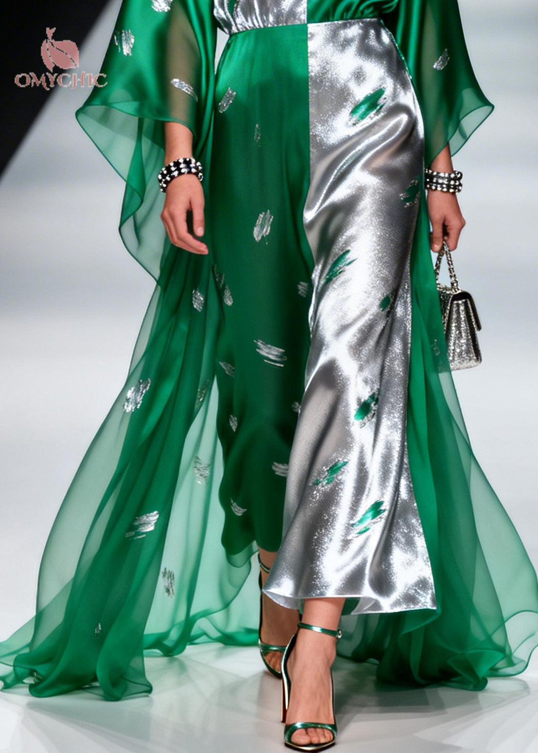 Color Block Leaf Print Deep V-Neck Sheer Cape Sleeve Satin Maxi Gown - View 4