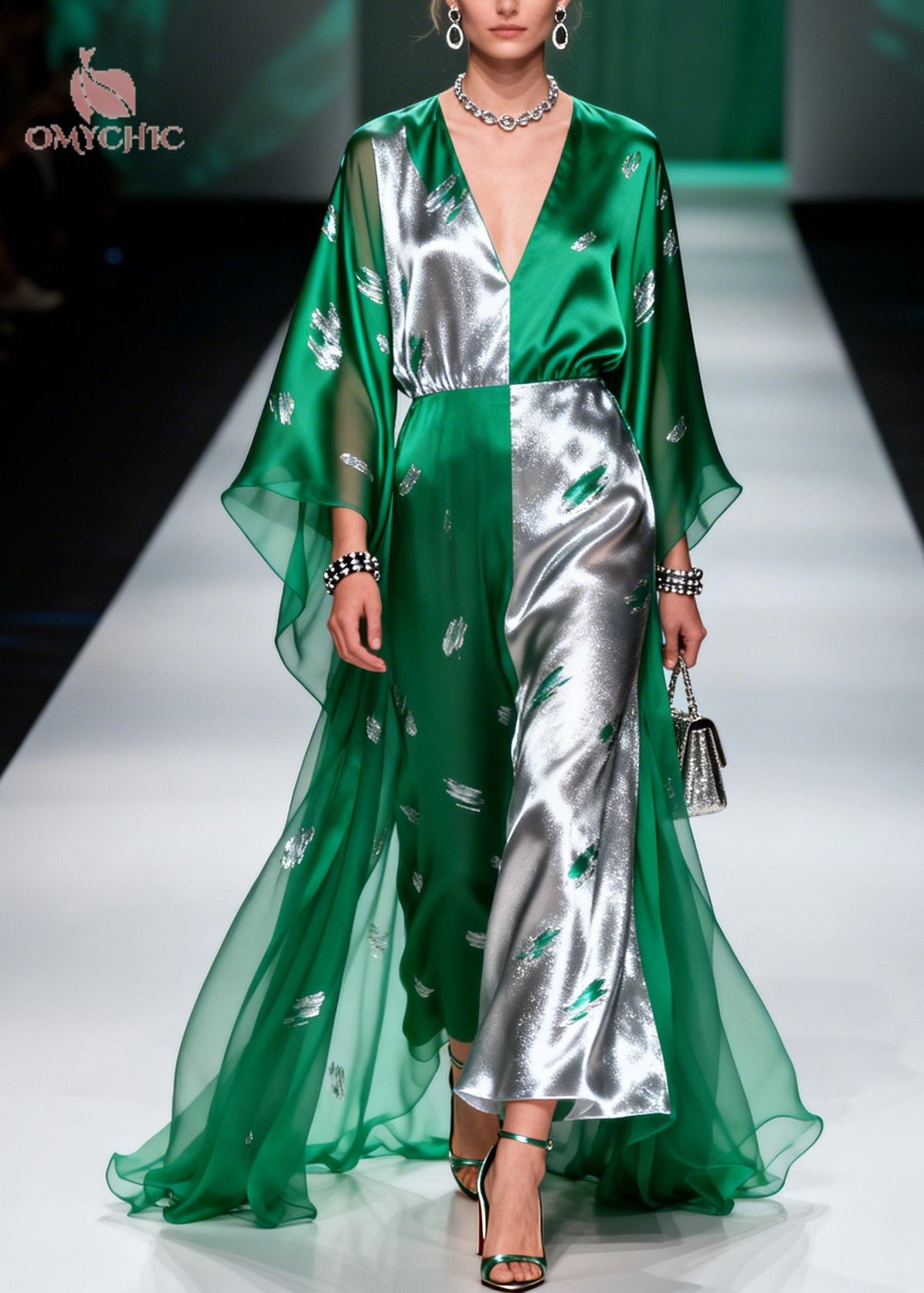 Color Block Leaf Print Deep V-Neck Sheer Cape Sleeve Satin Maxi Gown - View 5