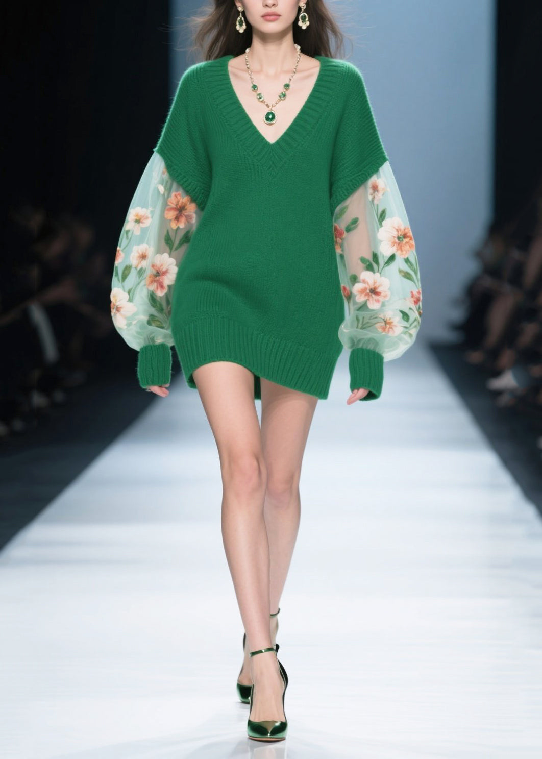Knit Deep V-Neck Floral Embroidery Sheer Mini Sweater Dress - View 5