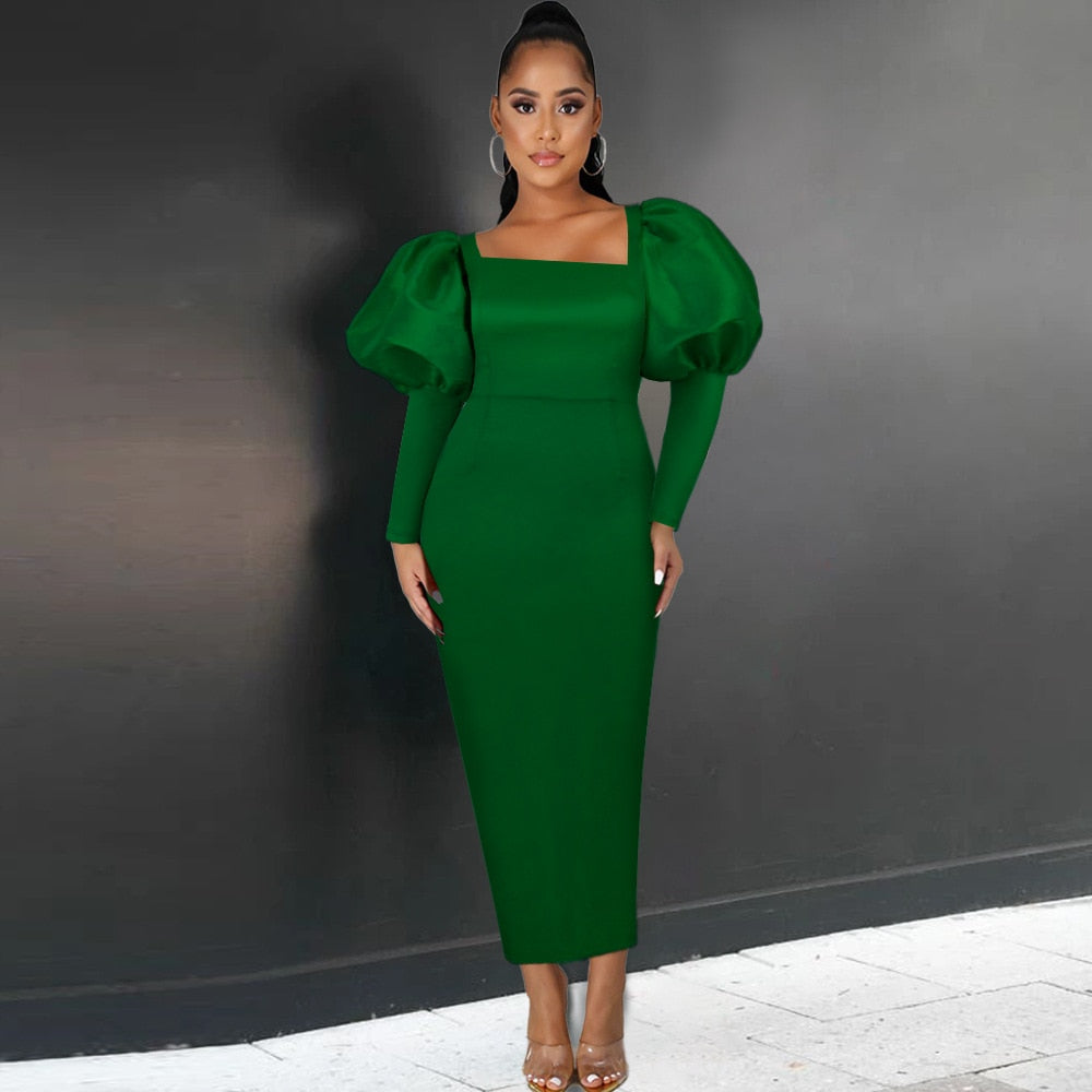 Satin Square Neck Puff Sleeve Bodycon Maxi Dress - View 2