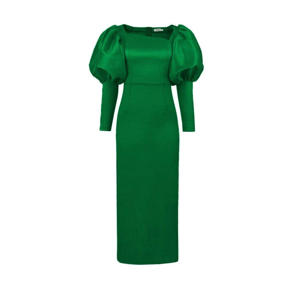 Satin Square Neck Puff Sleeve Bodycon Maxi Dress - View 6