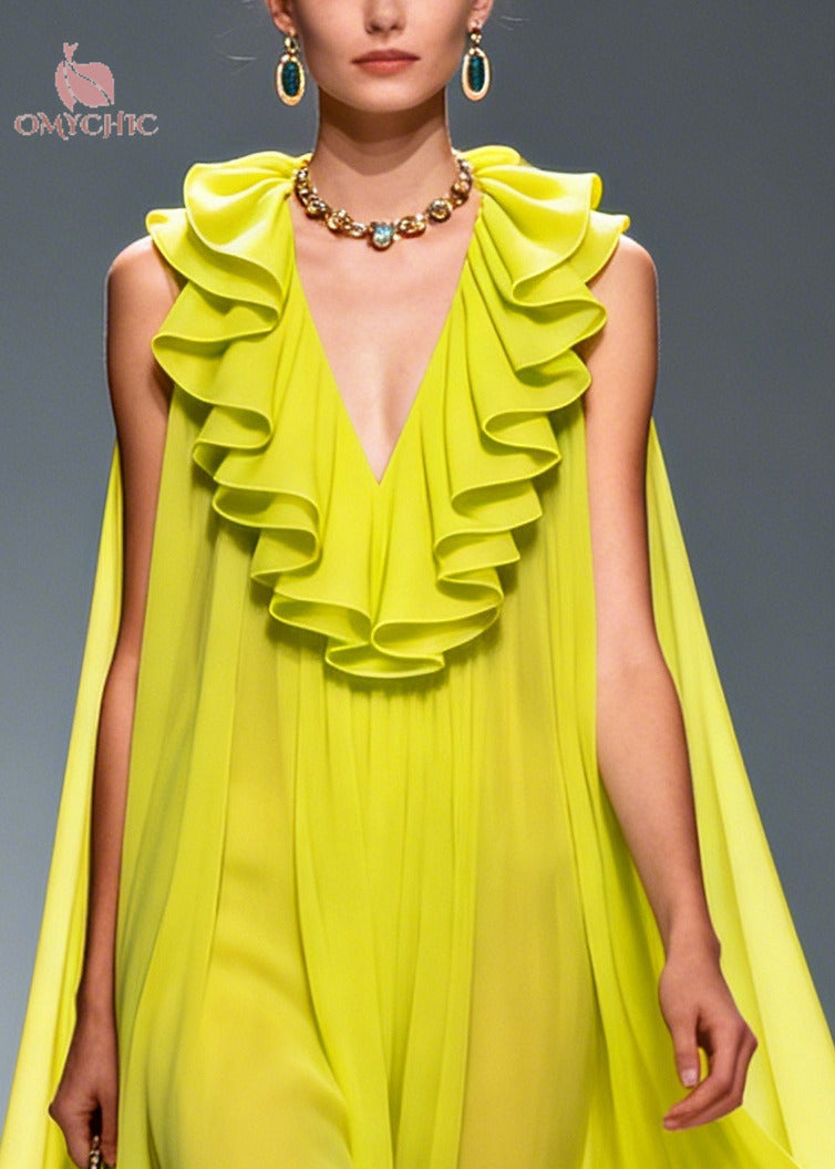 Women Green Ruffled Exra Large Hem Flower Chiffon Robe Dresses Summer - View 2