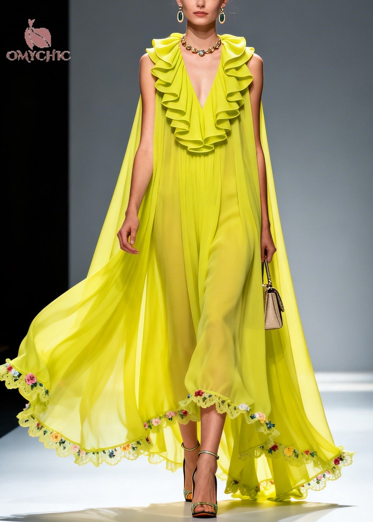 Women Green Ruffled Exra Large Hem Flower Chiffon Robe Dresses Summer - View 3