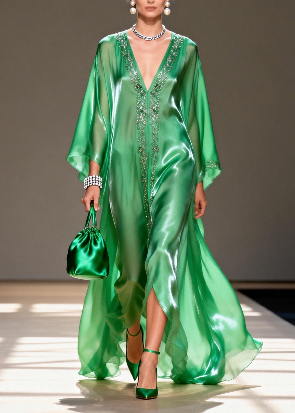 Satin Beaded Trim Deep V-Neck Sleeve High Split Kaftan Maxi Gown